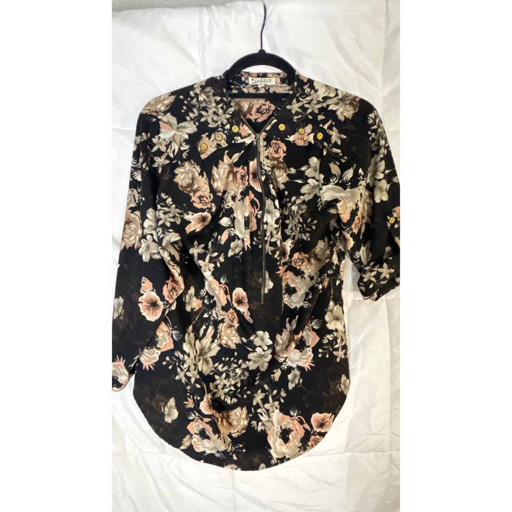 MILEAGE Women's‎ Black Floral Print Zip Front Shirt Size L